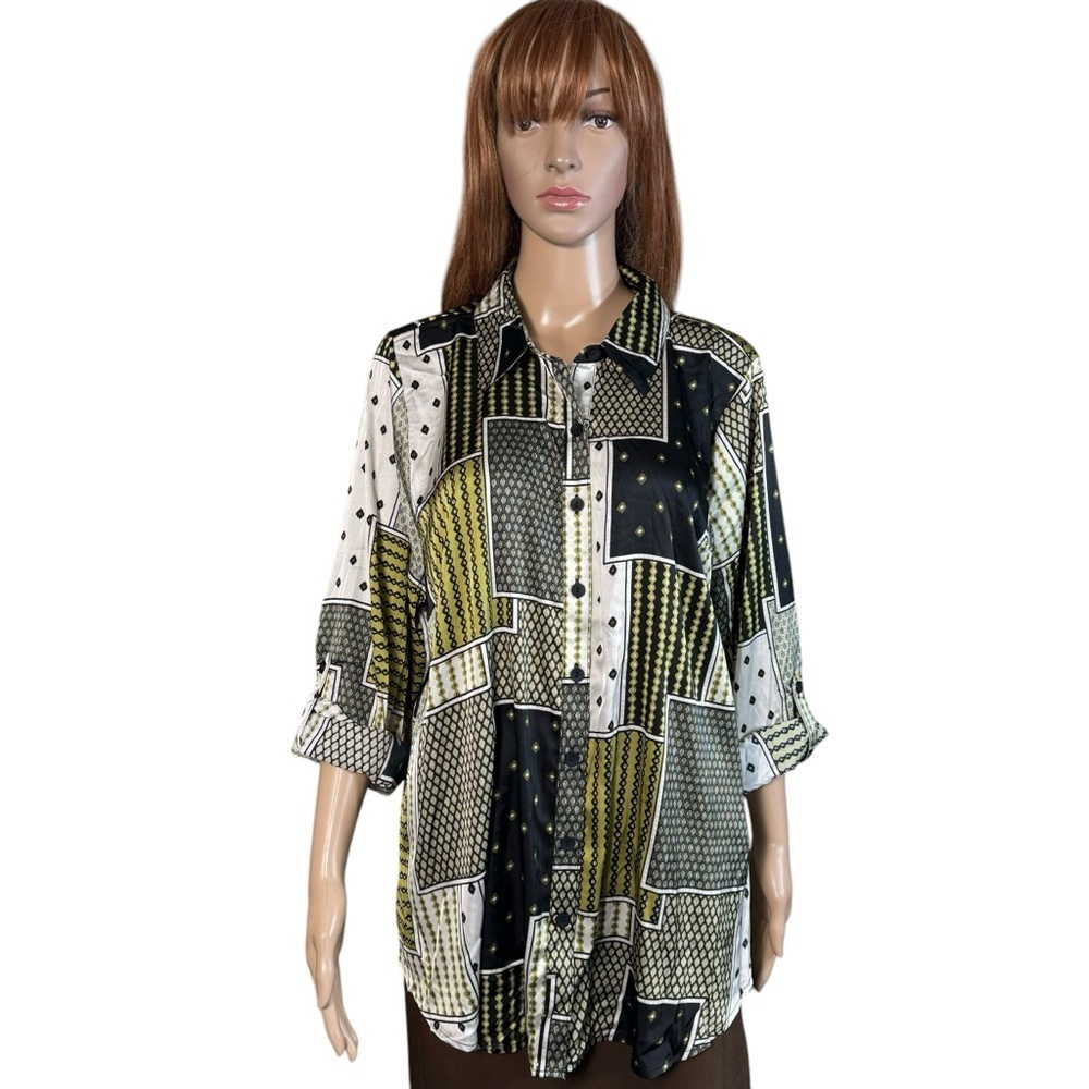 NWT New Fig & Flower Patchwork Roll Tab Sleeve Satin Blouse Size 2X